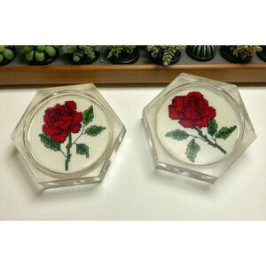Vintage Acrylic Coasters Red Rose Cross Stitch Set of 2 Handmade Floral Decor